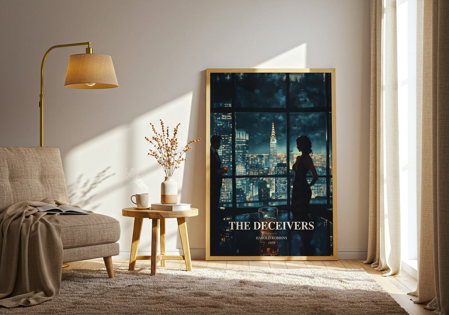 The Deceivers watercolour print in frame leaning in hallway – thriller wall art