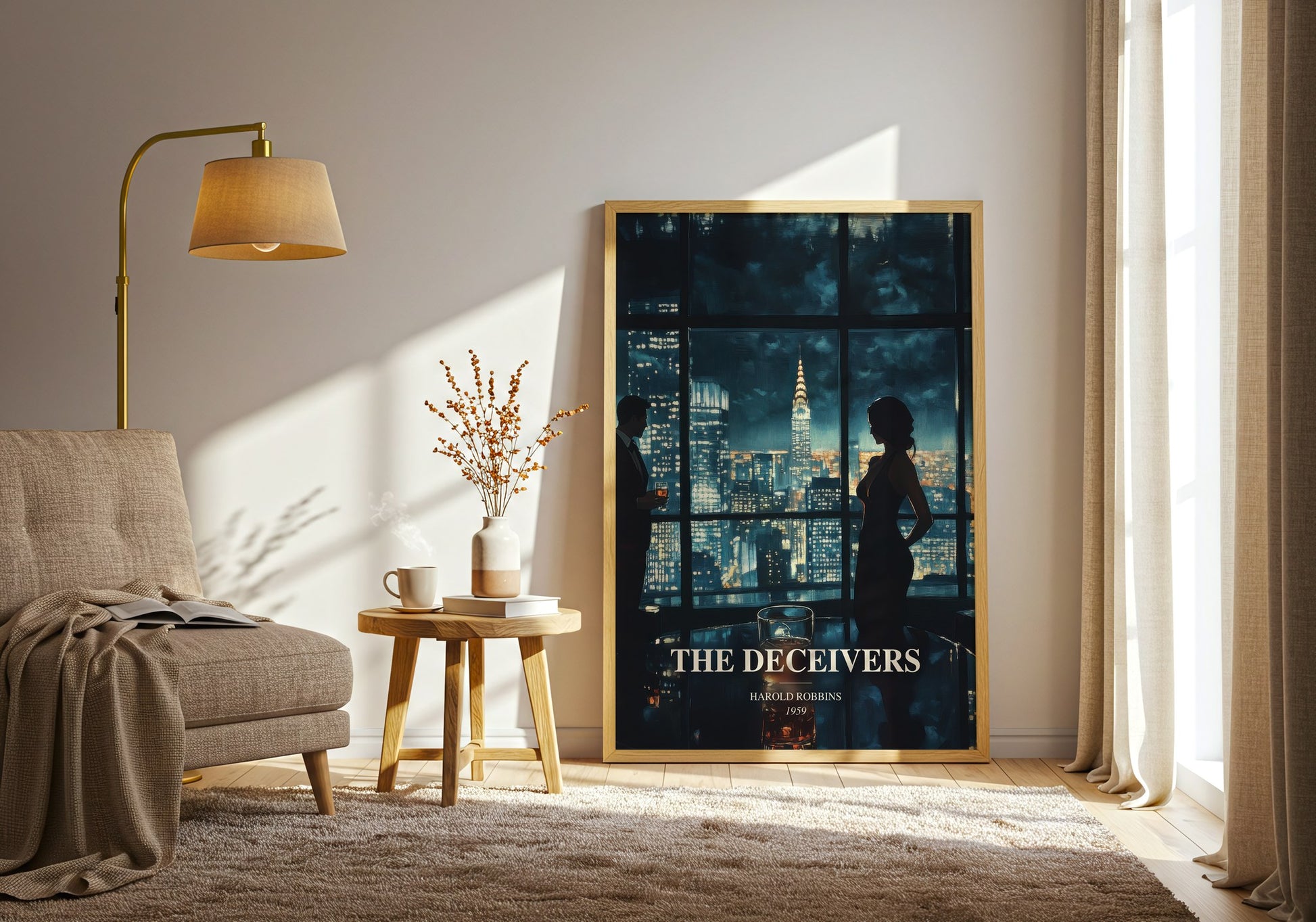 The Deceivers watercolour print in frame leaning in hallway – thriller wall art