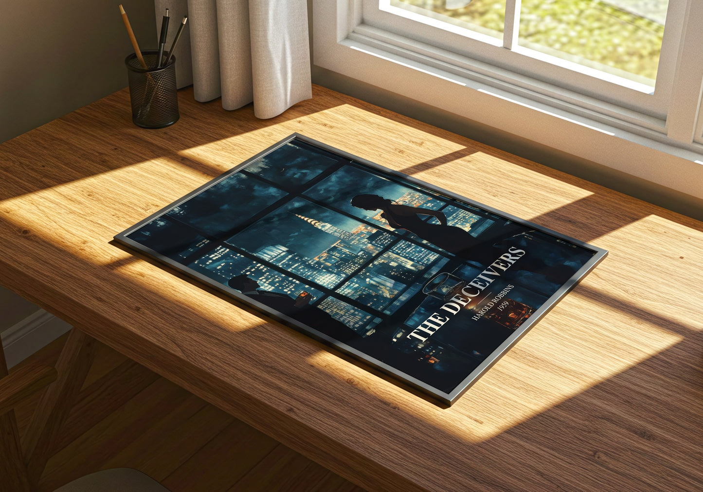 The Deceivers watercolour book poster framed on wall – thriller wall art