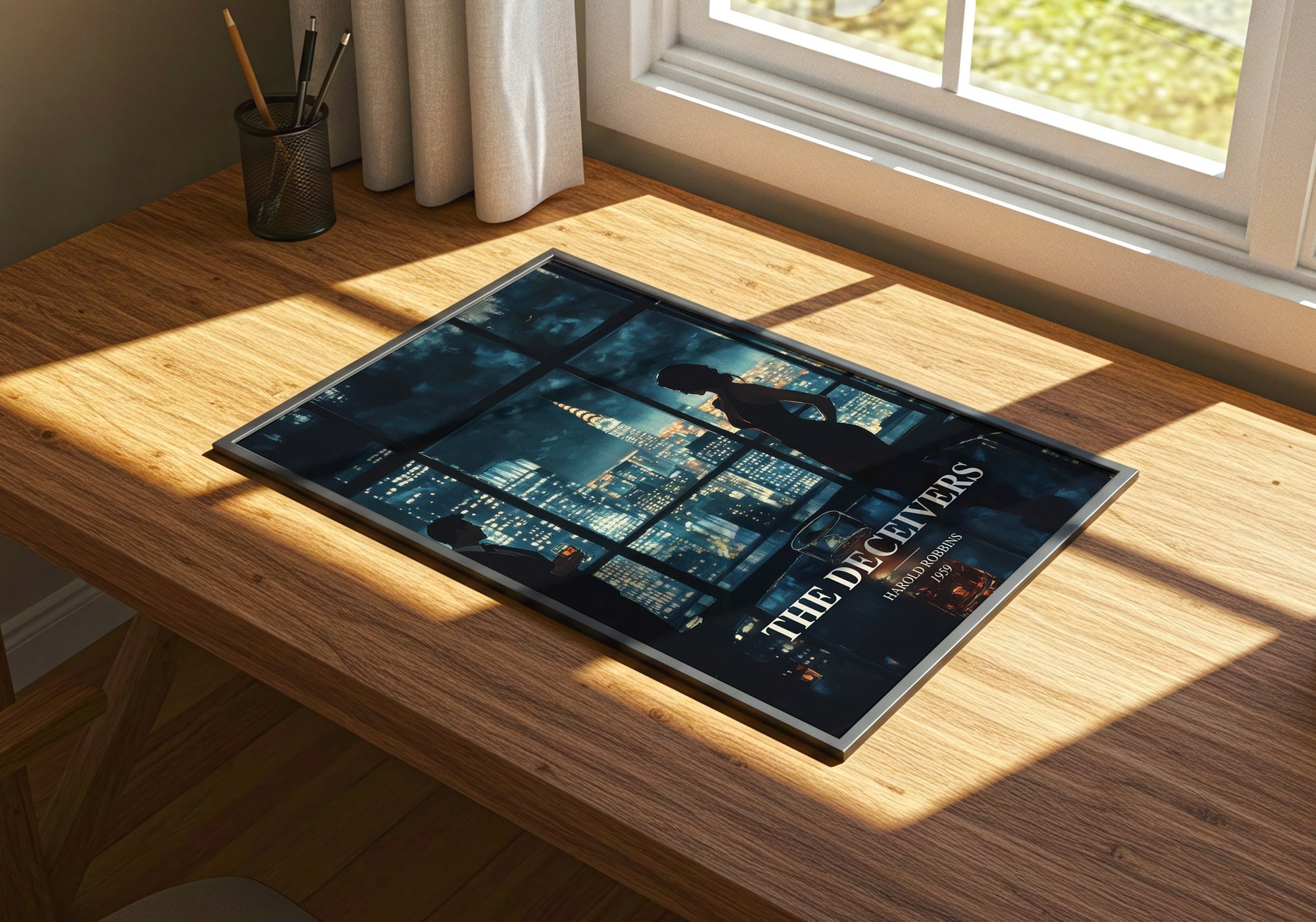 The Deceivers watercolour book poster framed on wall – thriller wall art