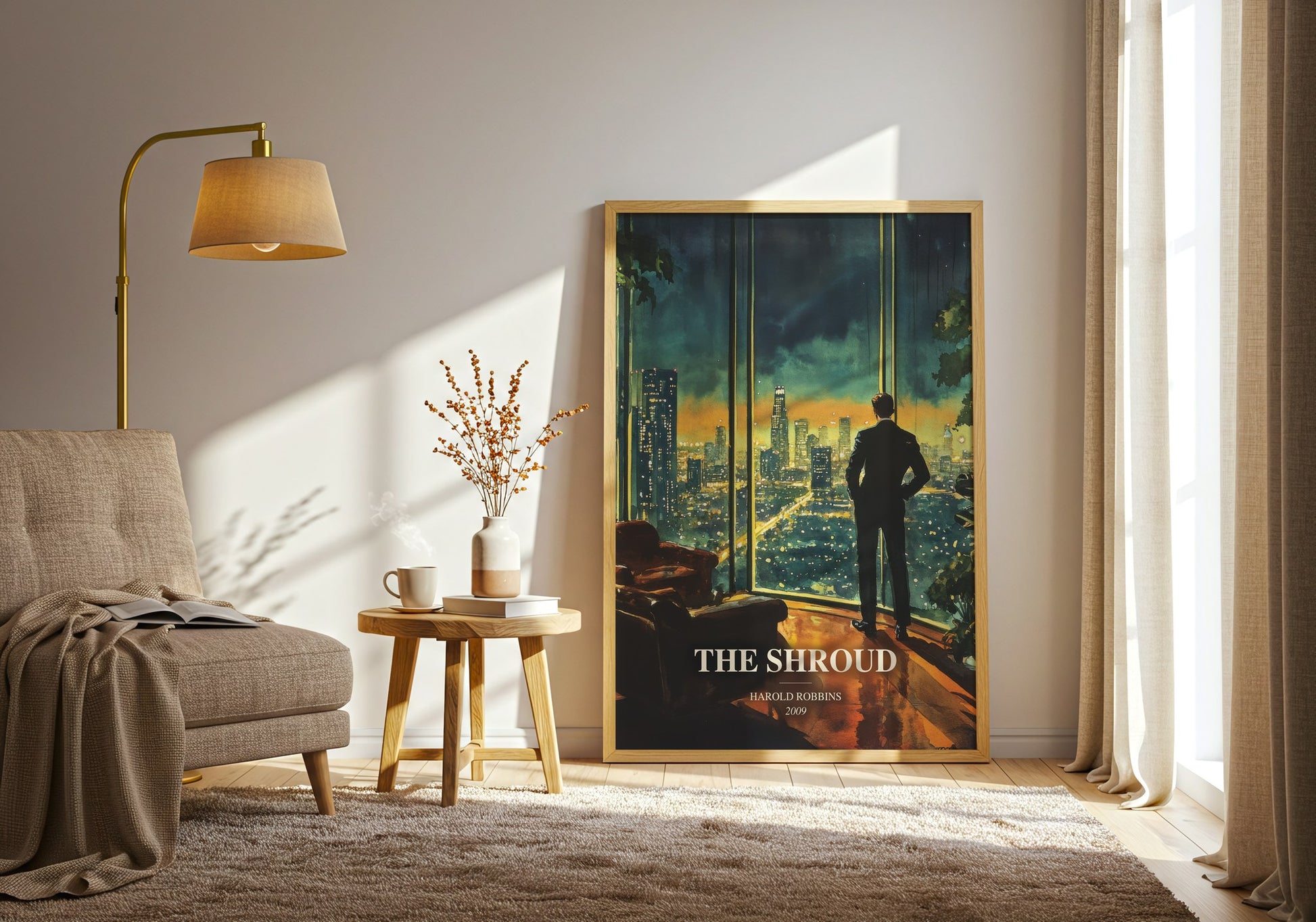 The Shroud watercolour print in frame leaning in hallway – thriller wall art