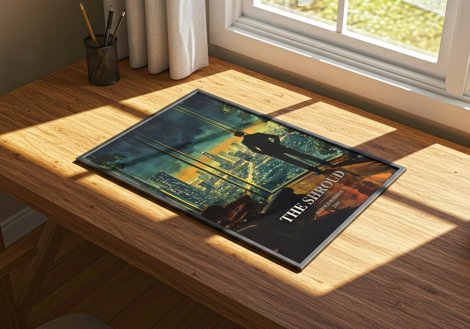 The Shroud watercolour book poster framed on wall – thriller wall art