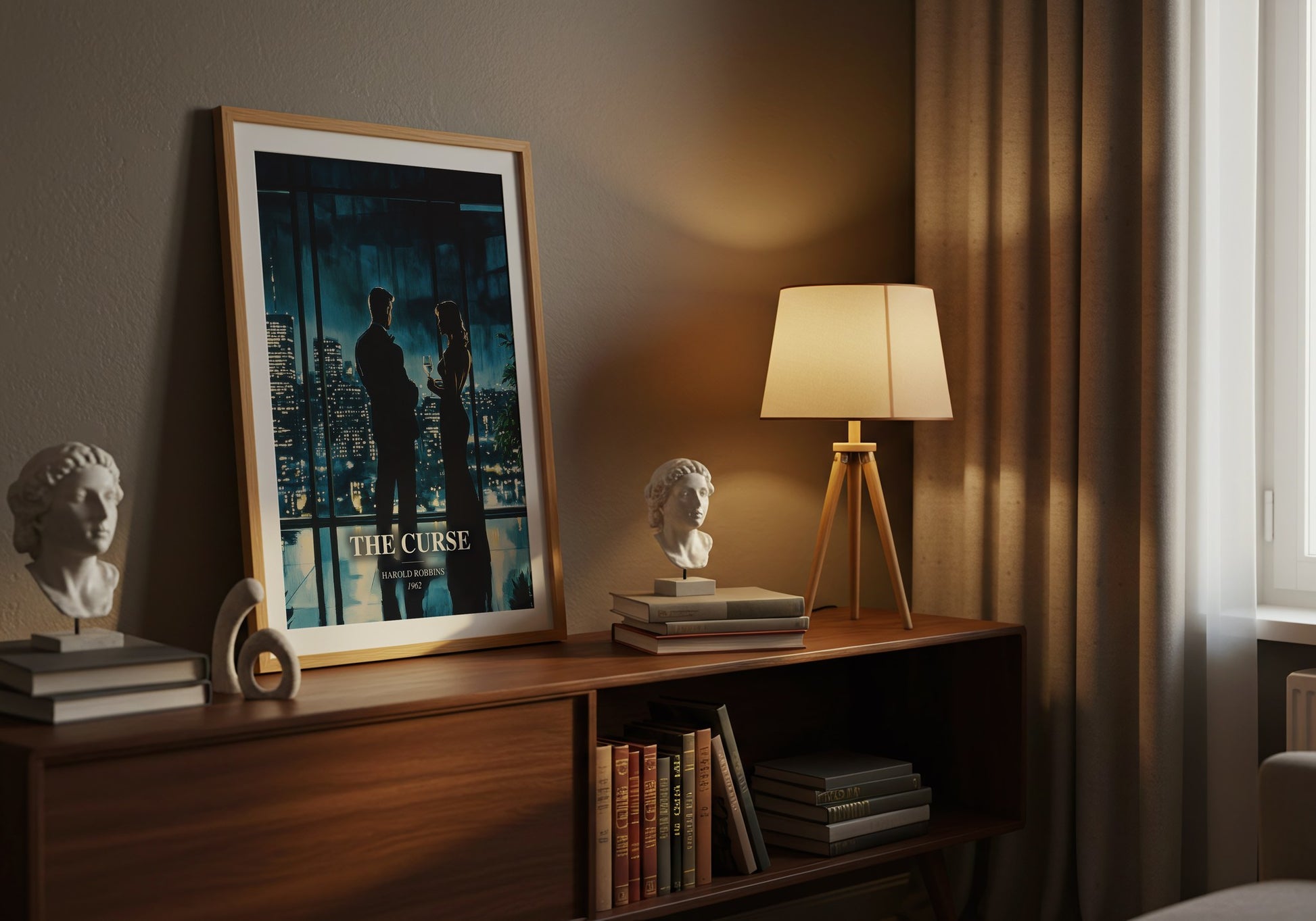 The Curse watercolour print on bookshelf – Harold Robbins fan gift