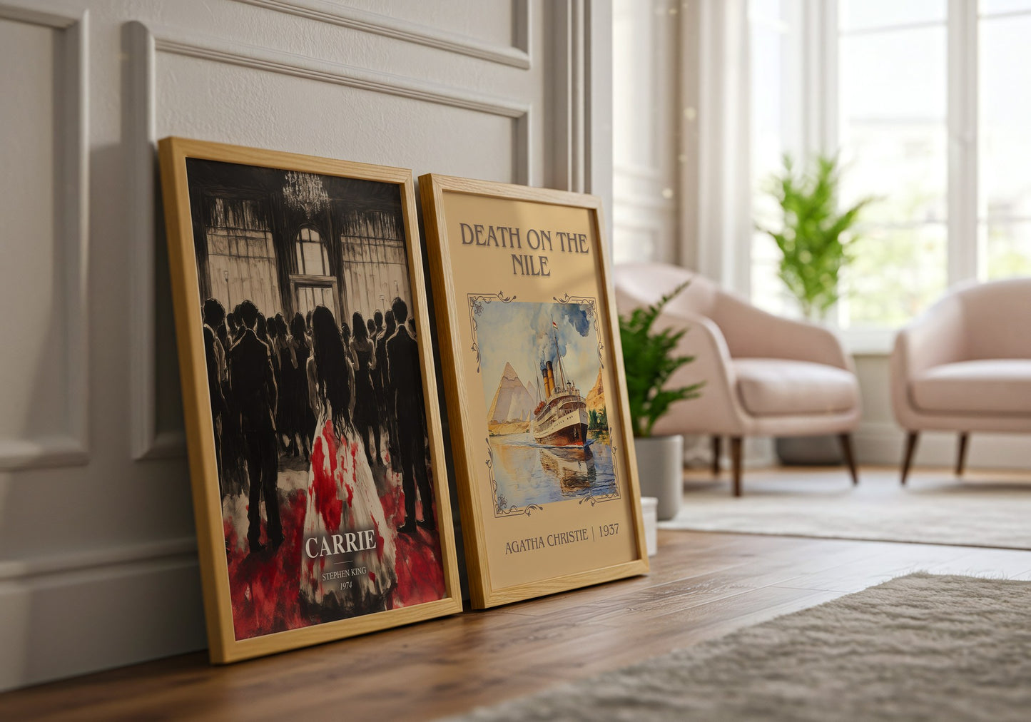 Carrie watercolour print framed by window – literary home decor