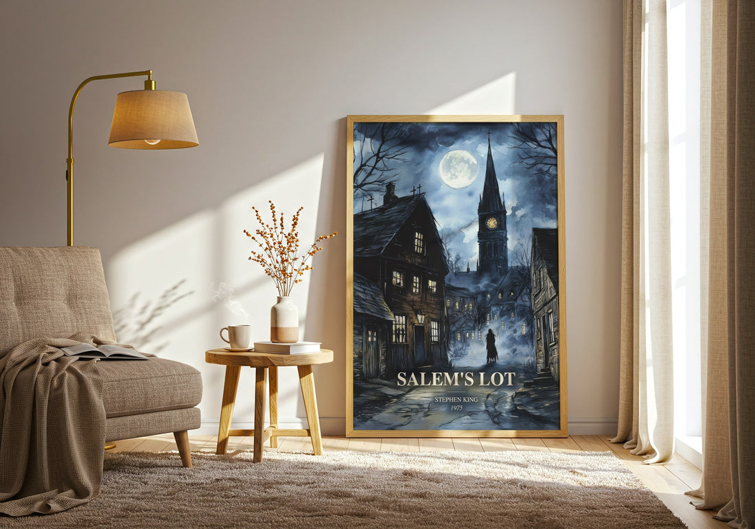 Salem'S Lot watercolour print in frame leaning in hallway – horror wall art (mockup)