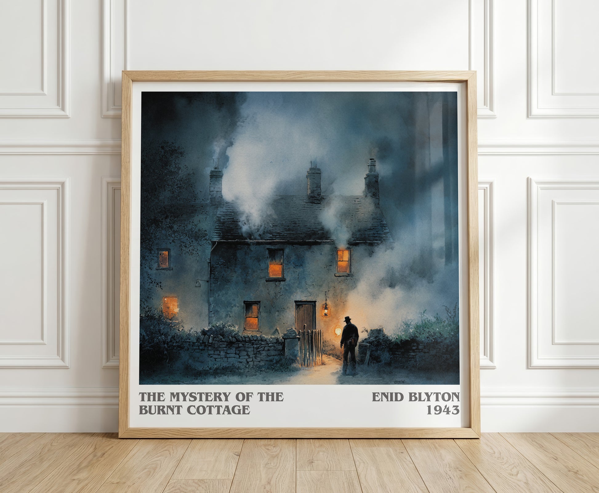 The Mystery of the Burnt Cottage literary print in frame leaning in hallway – mystery wall art