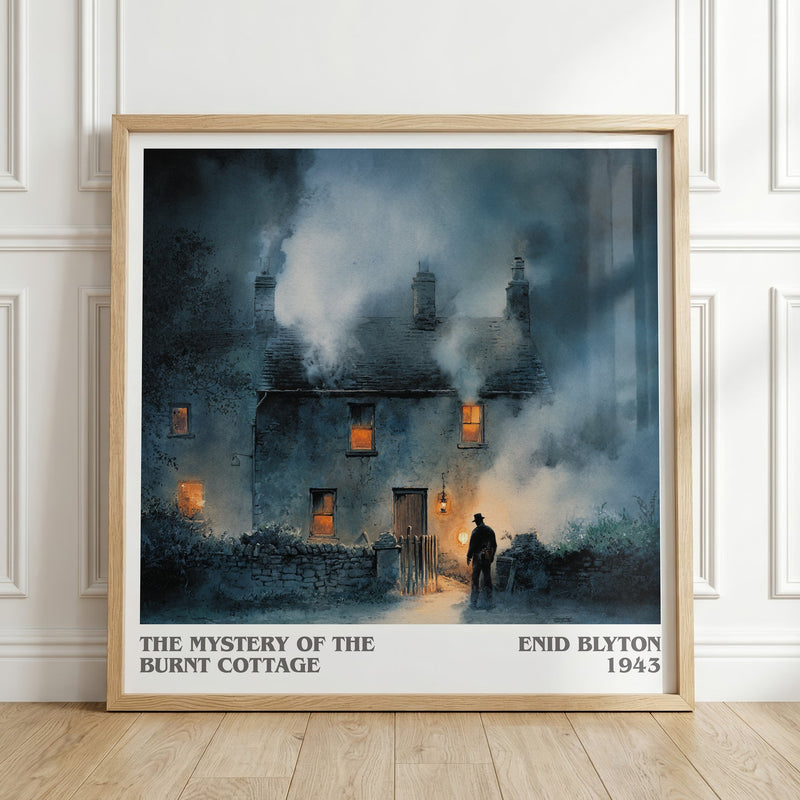 The Mystery of the Burnt Cottage literary print in frame leaning in hallway – mystery wall art