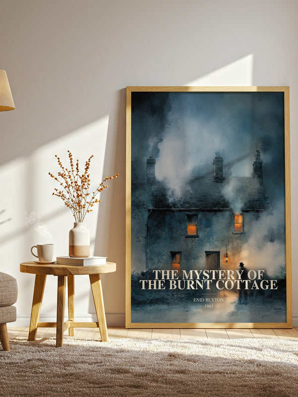 The Mystery Of The Burnt Cottage watercolour print in frame leaning in hallway – childrens wall art