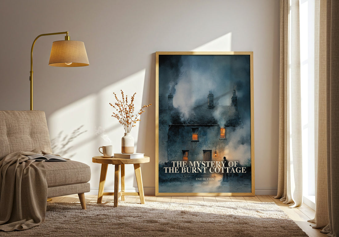 The Mystery Of The Burnt Cottage watercolour print in frame leaning in hallway – childrens wall art (mockup)