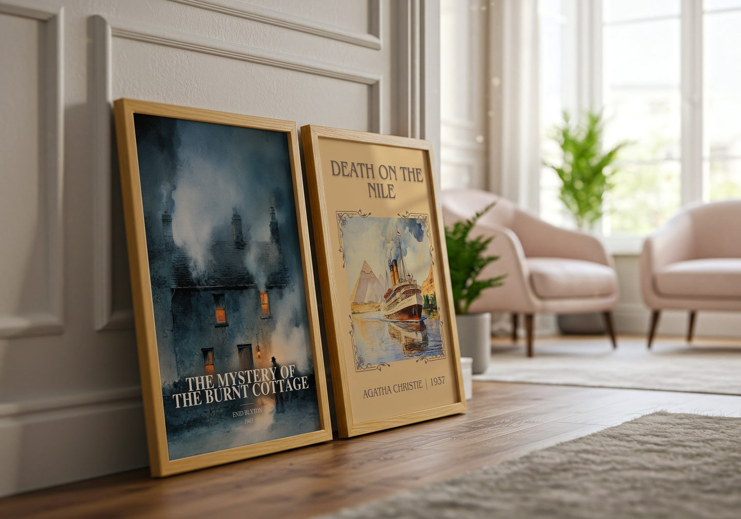 The Mystery Of The Burnt Cottage watercolour print framed by window – literary home decor
