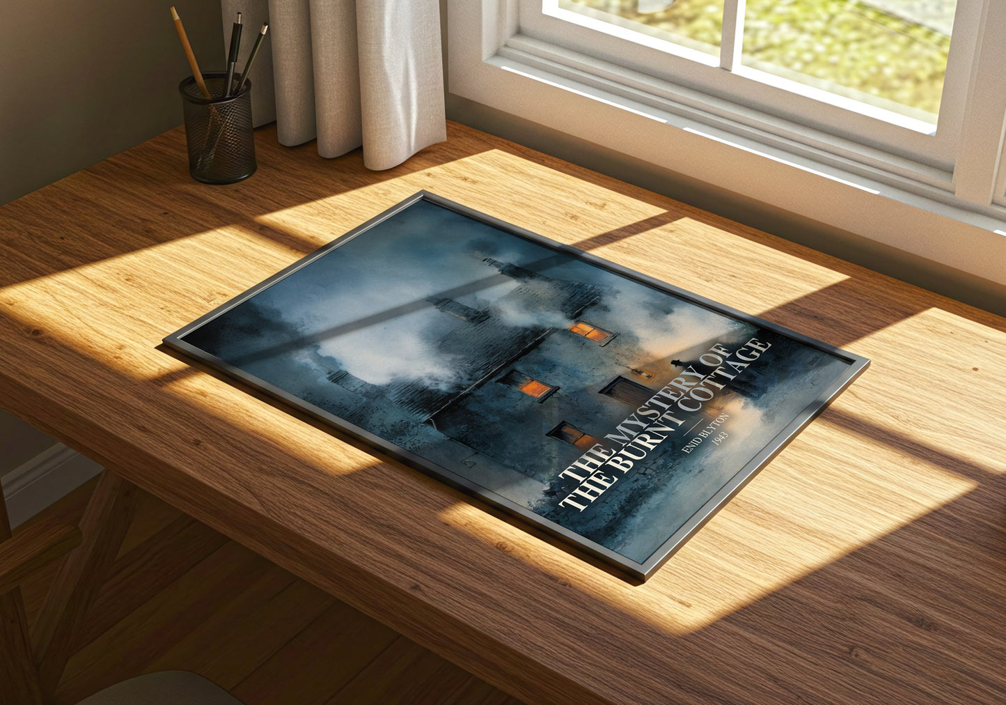The Mystery Of The Burnt Cottage watercolour book poster framed on wall – childrens wall art