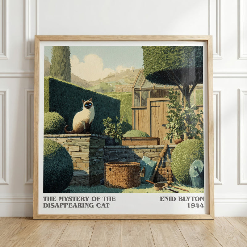 The Mystery of the Disappearing Cat literary print in frame leaning in hallway – mystery wall art