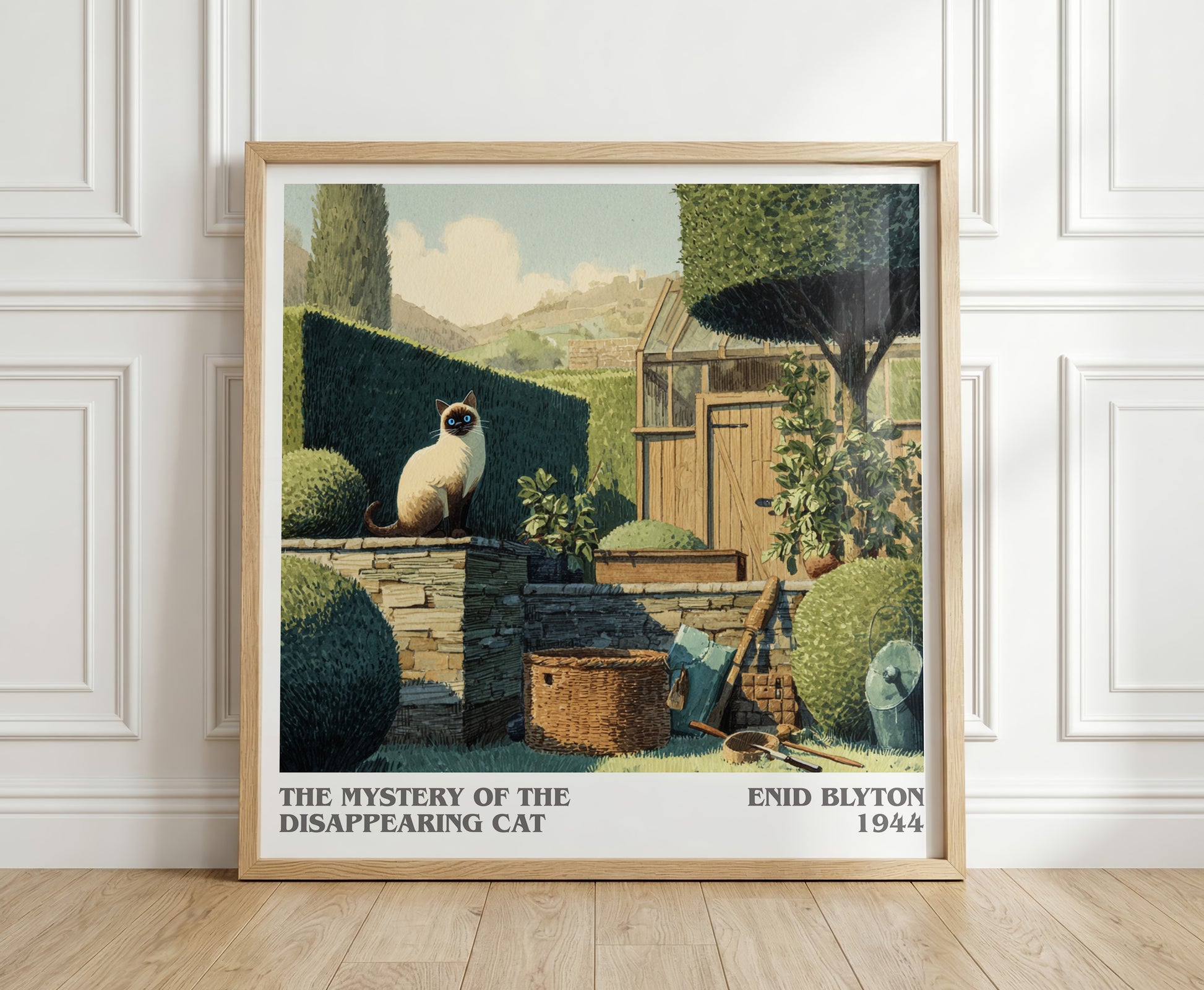 The Mystery of the Disappearing Cat literary print in frame leaning in hallway – mystery wall art