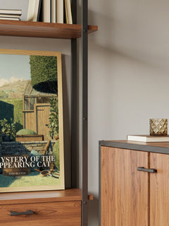 Mystery Of The Disappearing Cat Book Watercolour Illustration by Enid Blyton – framed print on a shelf by a wooden cabinet