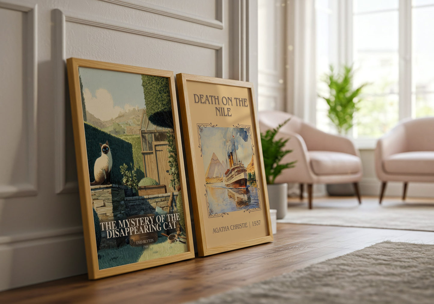 The Mystery Of The Disappearing Cat watercolour print framed by window – literary home decor