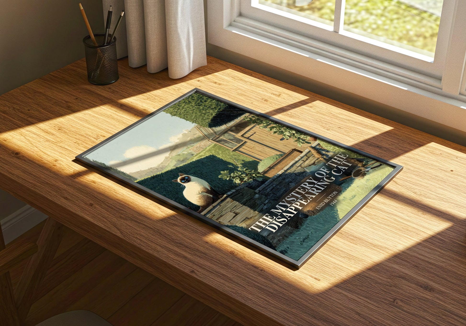 The Mystery Of The Disappearing Cat watercolour book poster framed on wall – childrens wall art