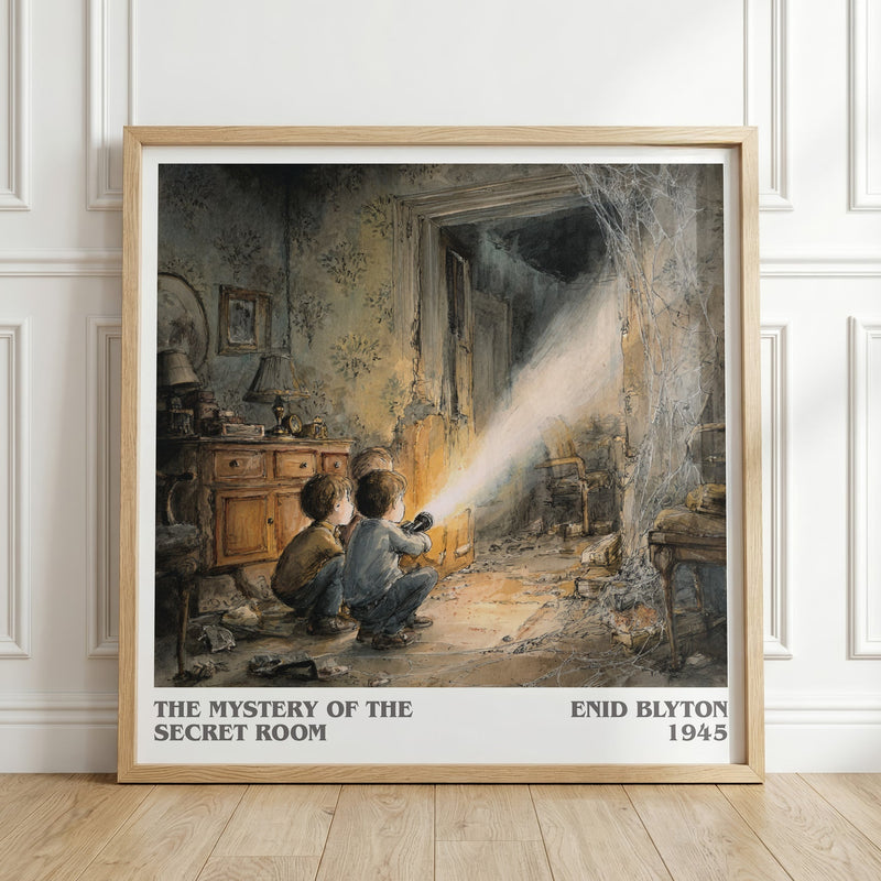 The mystery of the secret room literary print in frame leaning in hallway – childrens wall art