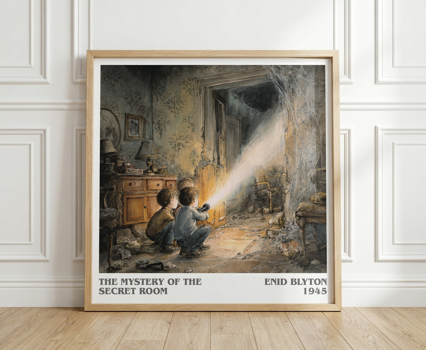 The mystery of the secret room literary print in frame leaning in hallway – childrens wall art