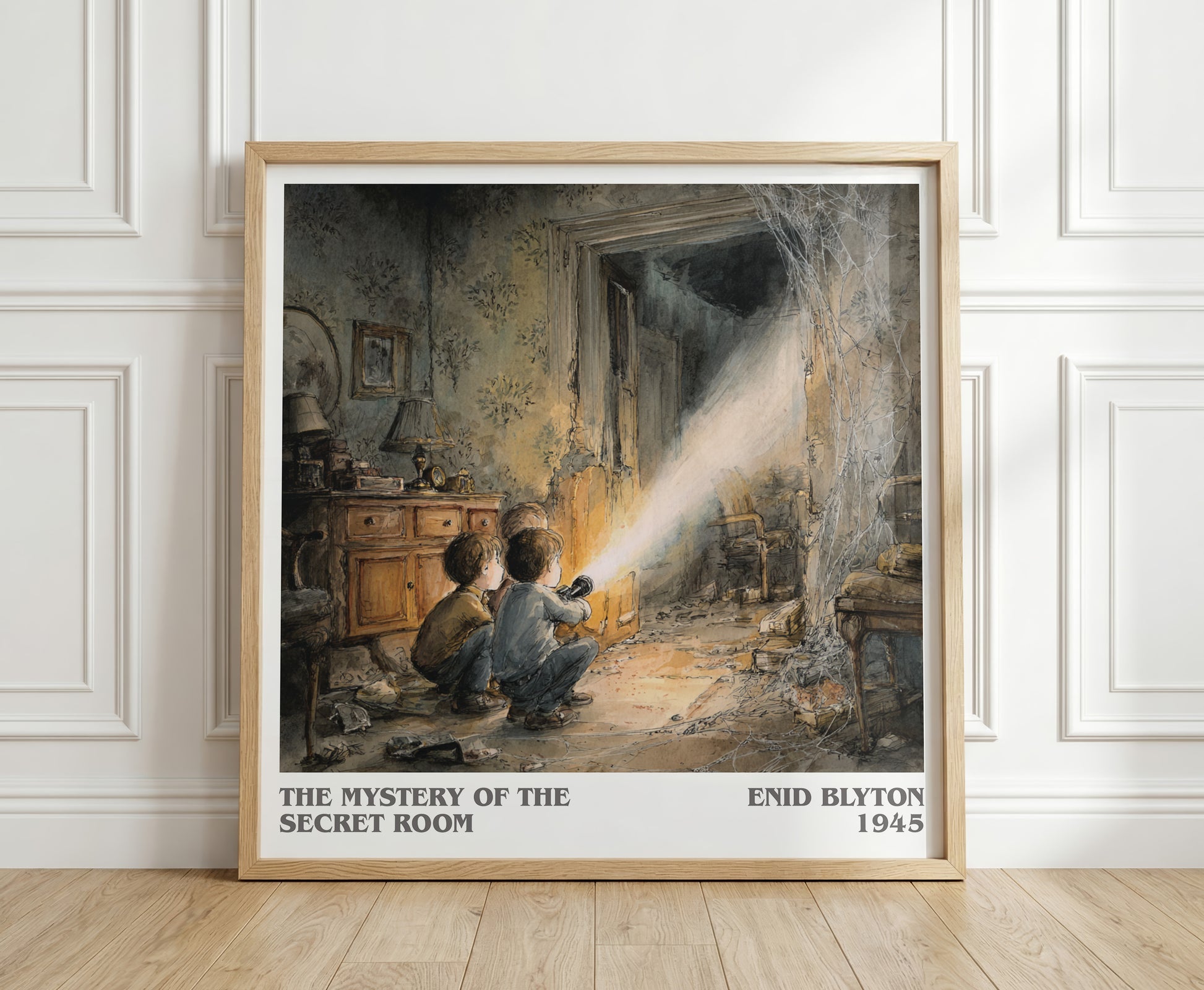 The mystery of the secret room literary print in frame leaning in hallway – childrens wall art