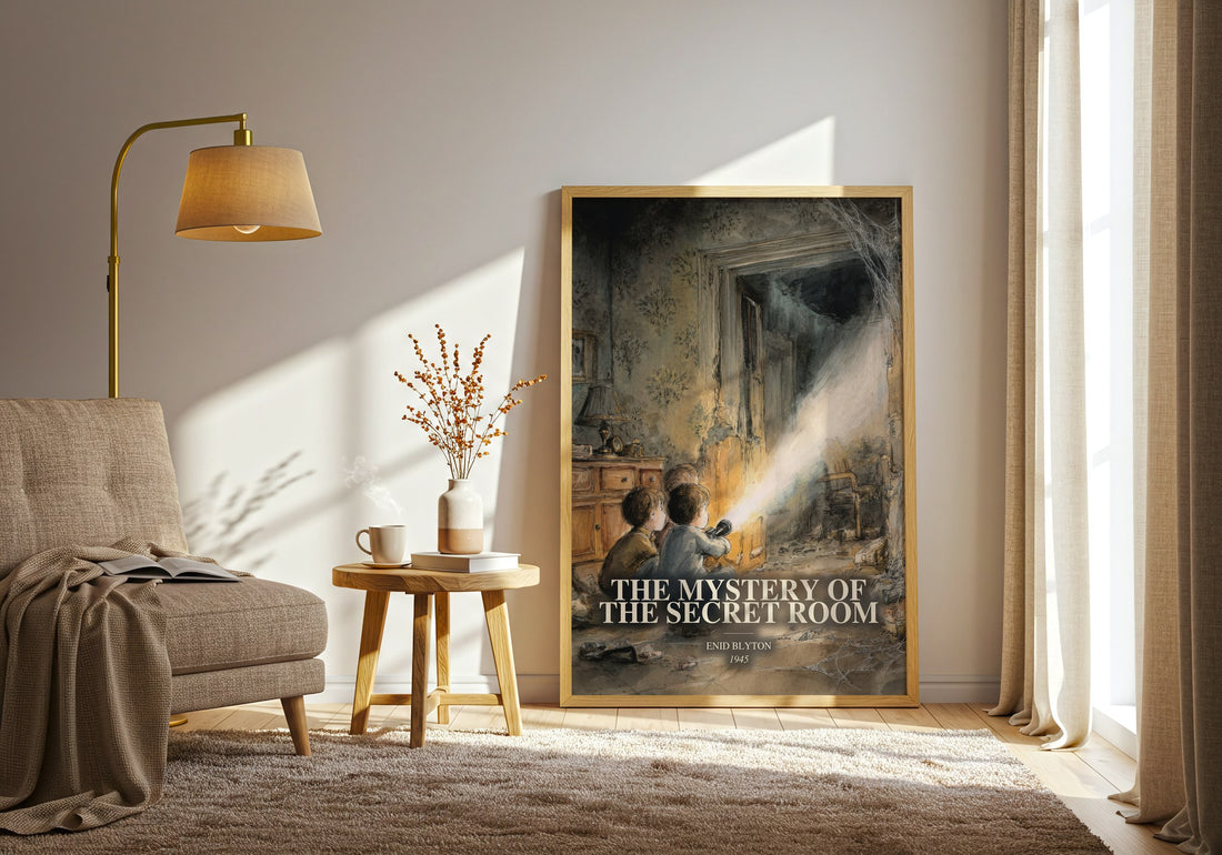 The Mystery Of The Secret Room watercolour print in frame leaning in hallway – childrens wall art (mockup)