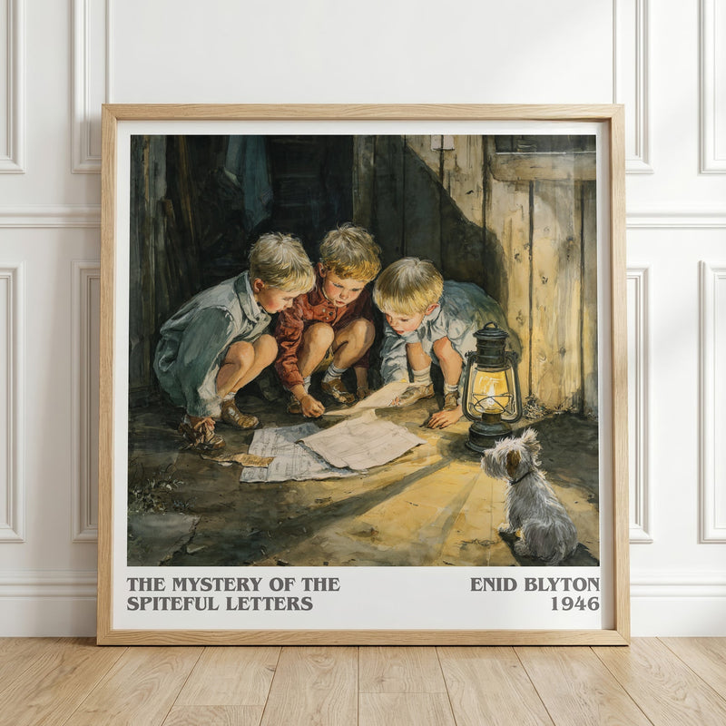 The Mystery Of The Spiteful Letters literary print in frame leaning in hallway – mystery wall art