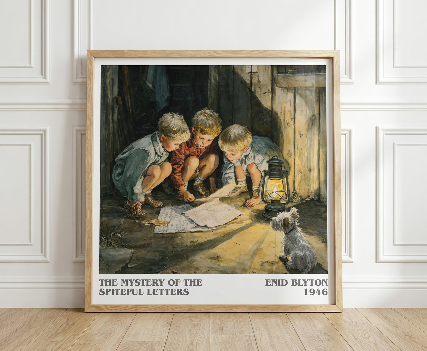 The Mystery Of The Spiteful Letters literary print in frame leaning in hallway – mystery wall art