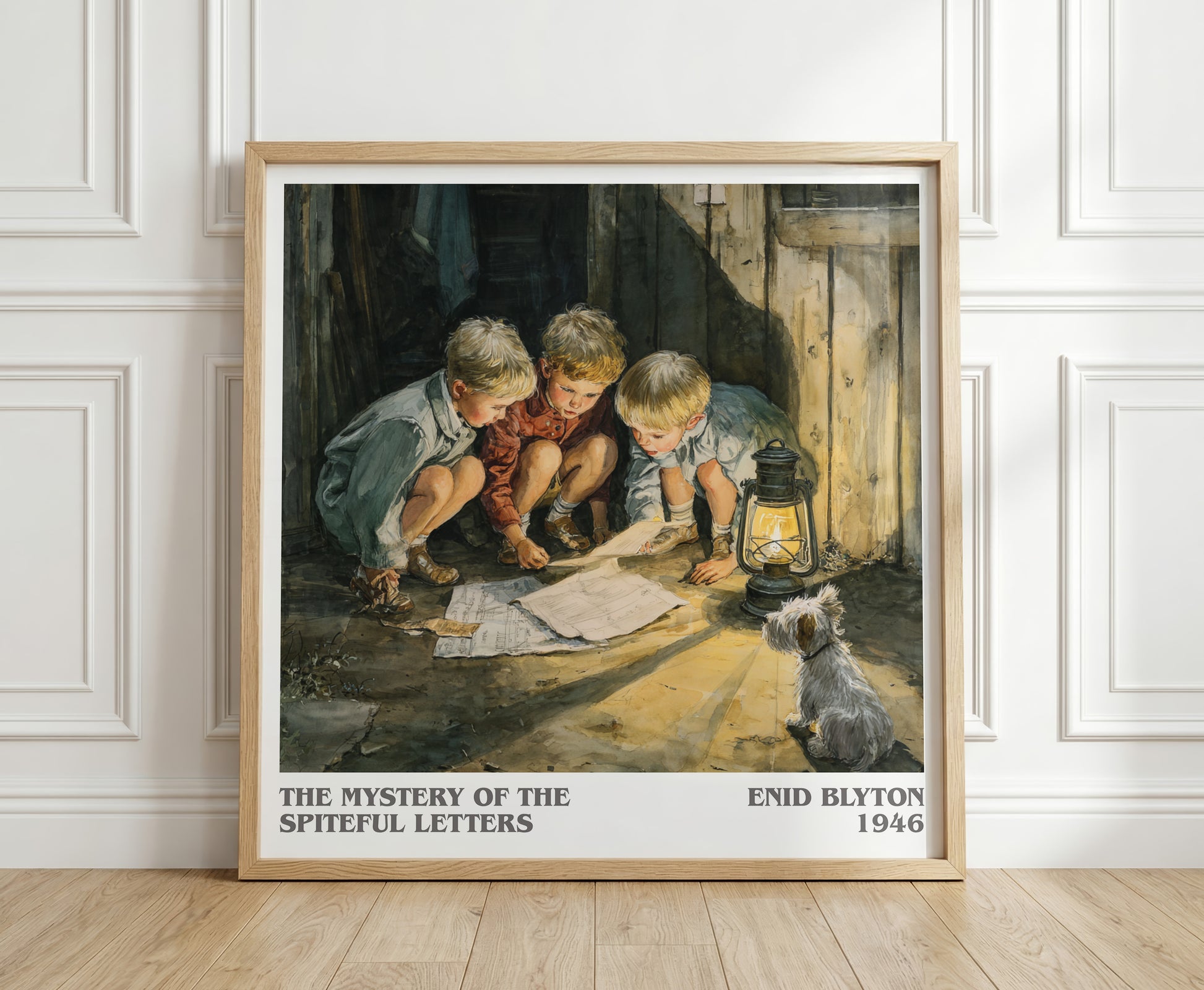 The Mystery Of The Spiteful Letters literary print in frame leaning in hallway – mystery wall art