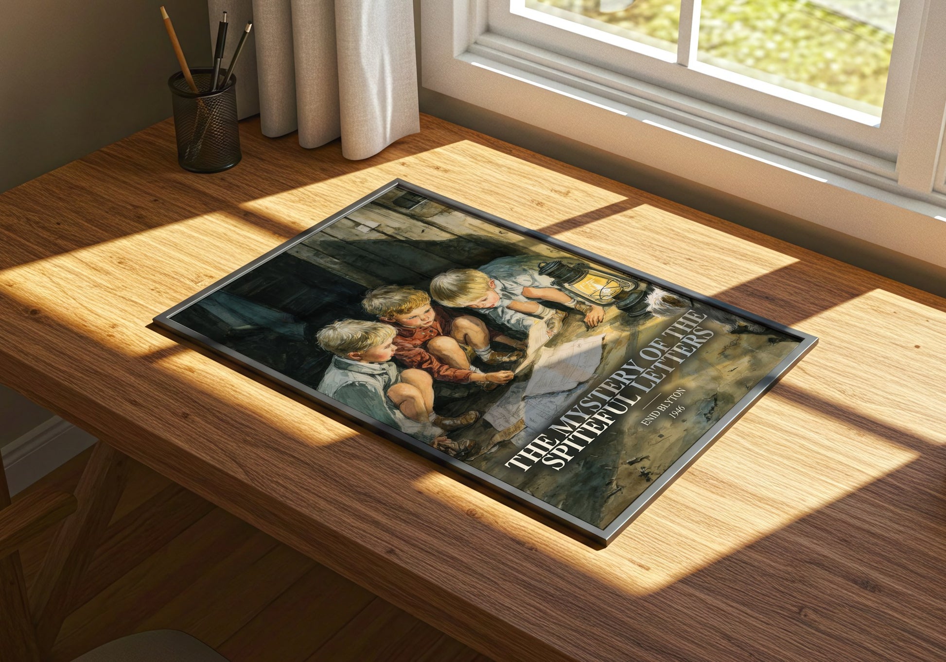 The Mystery Of The Spiteful Letters watercolour book poster framed on wall – childrens wall art