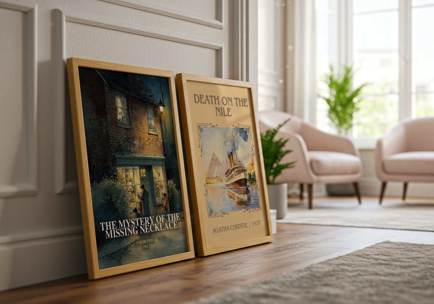 The Mystery Of The Missing Necklace watercolour print framed by window – literary home decor