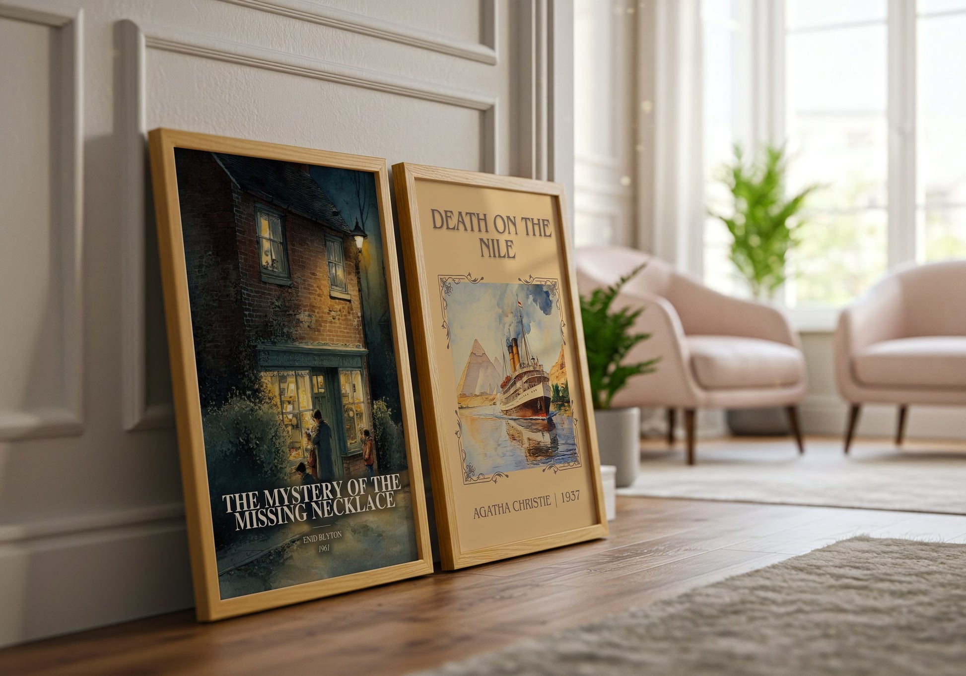 The Mystery Of The Missing Necklace watercolour print framed by window – literary home decor
