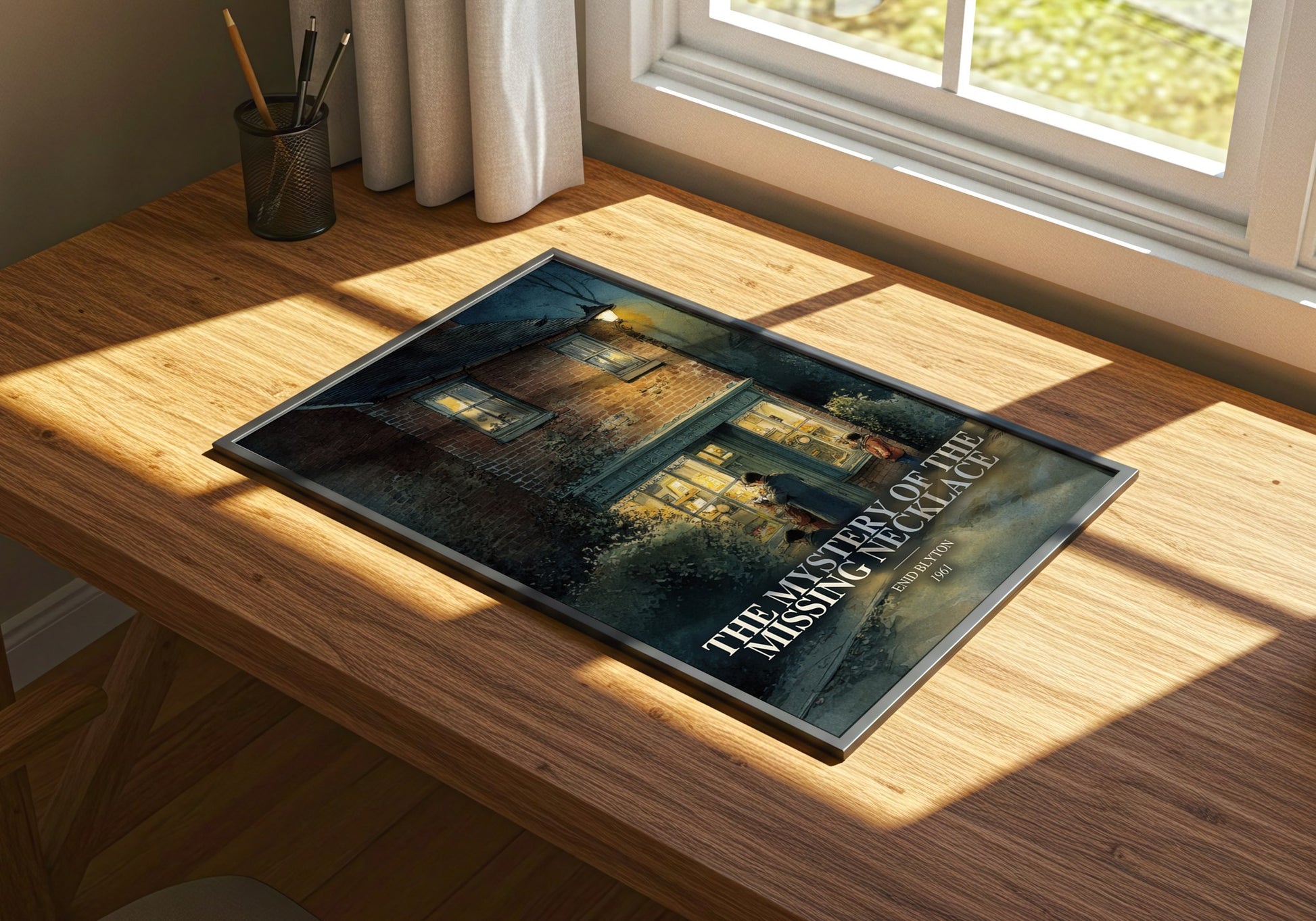 The Mystery Of The Missing Necklace watercolour book poster framed on wall – childrens wall art