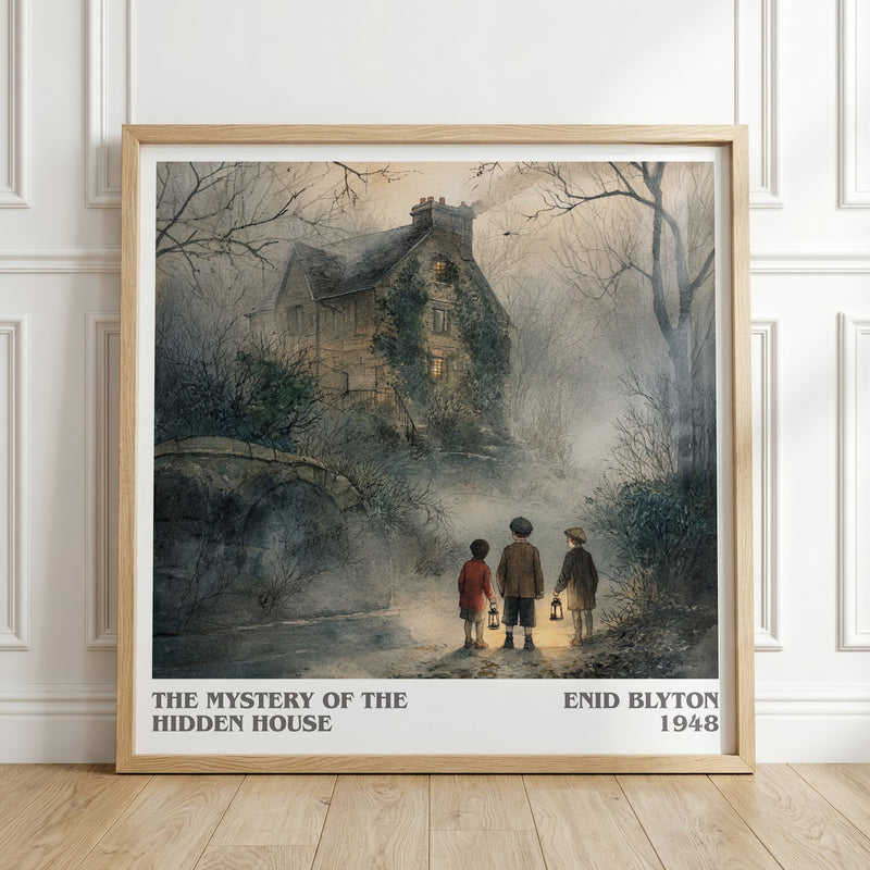 The Mystery Of The Hidden House literary print in frame leaning in hallway – childrens wall art