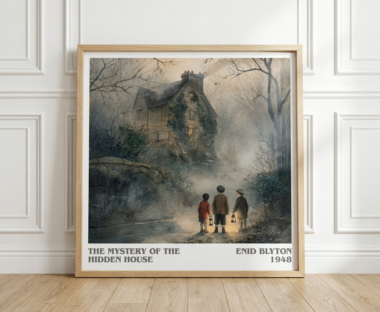 The Mystery Of The Hidden House literary print in frame leaning in hallway – childrens wall art