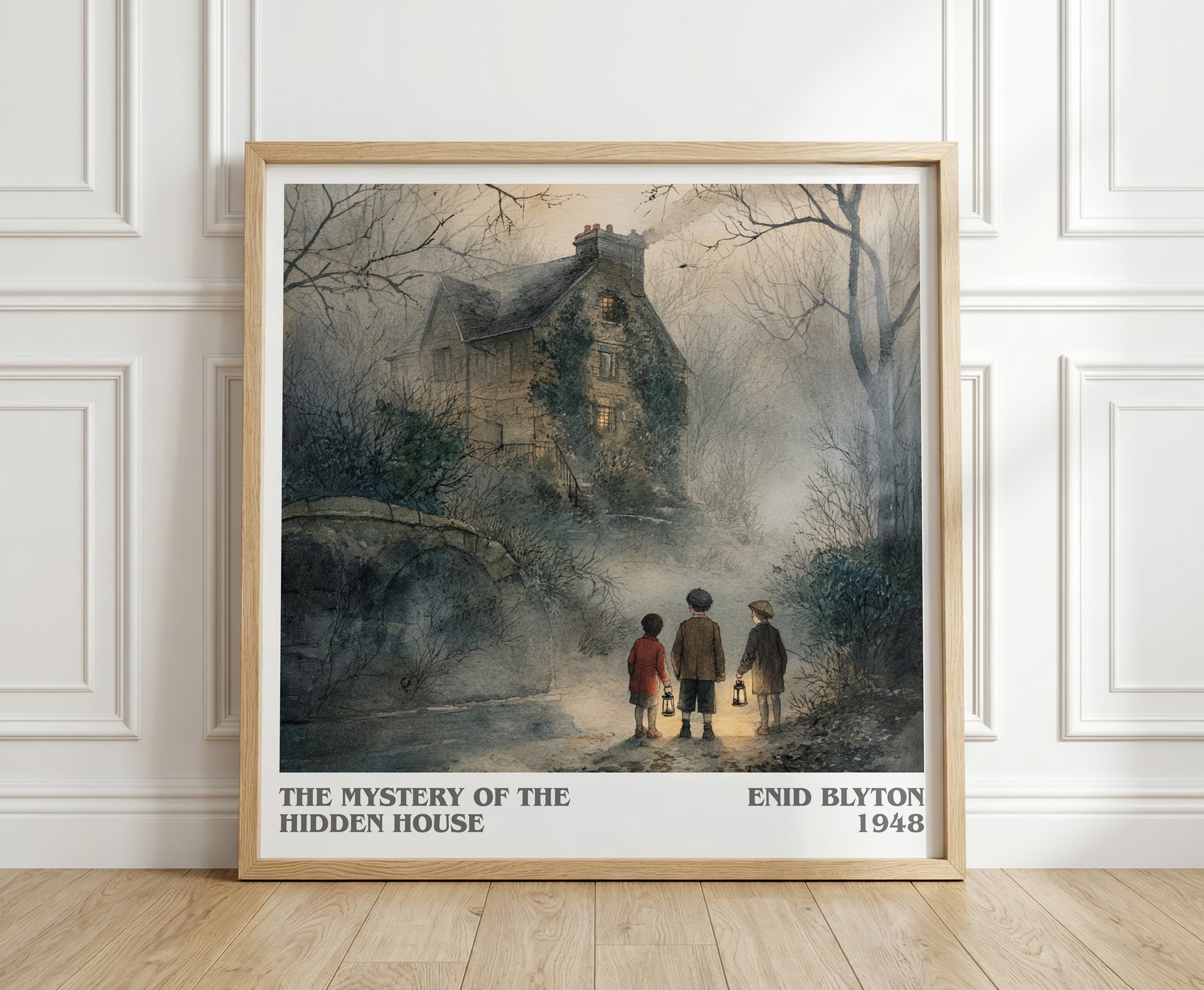 The Mystery Of The Hidden House literary print in frame leaning in hallway – childrens wall art