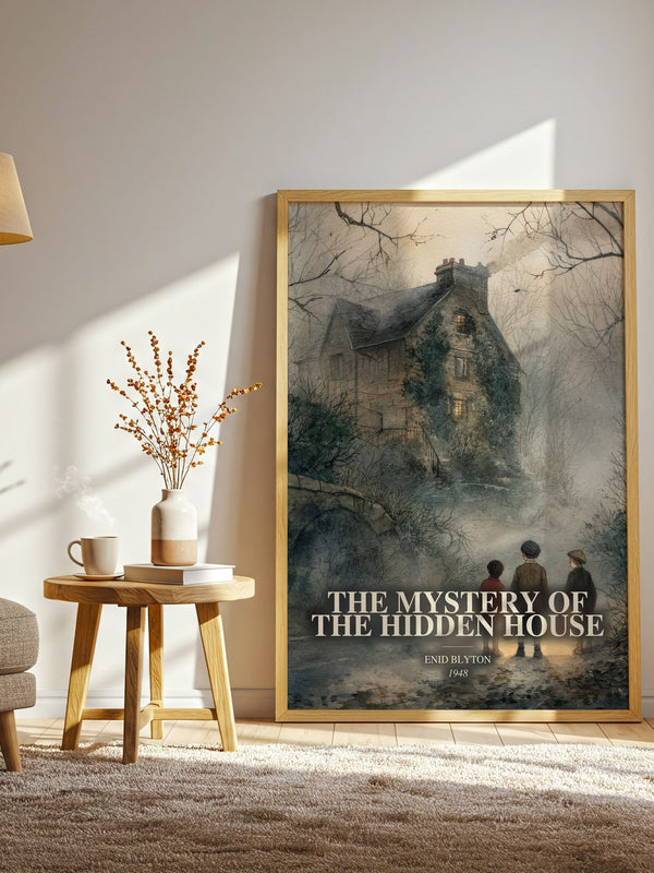 The Mystery Of The Hidden House watercolour print in frame leaning in hallway – childrens wall art