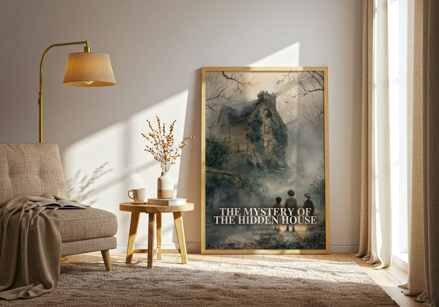 The Mystery Of The Hidden House watercolour print in frame leaning in hallway – childrens wall art