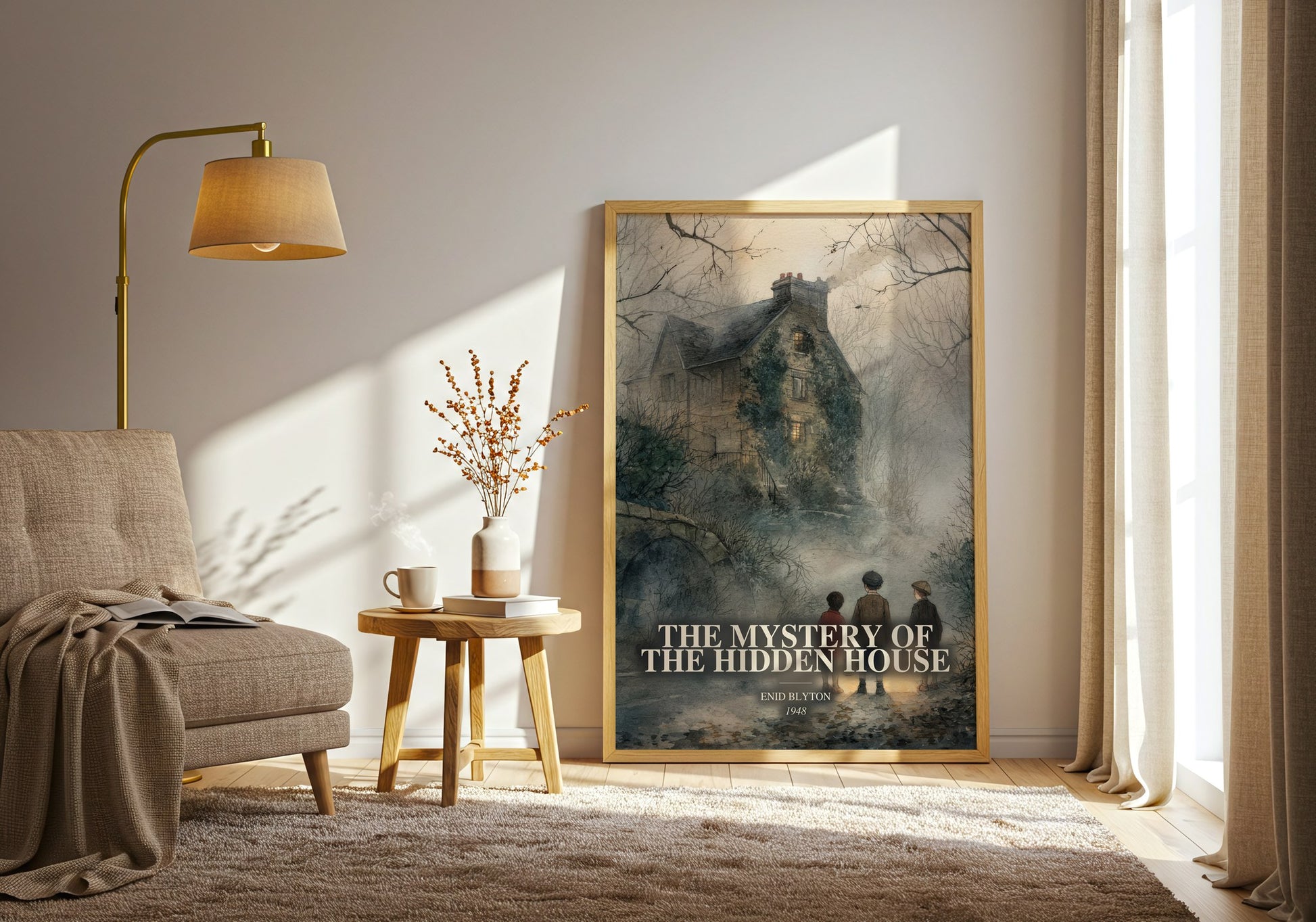 The Mystery Of The Hidden House watercolour print in frame leaning in hallway – childrens wall art
