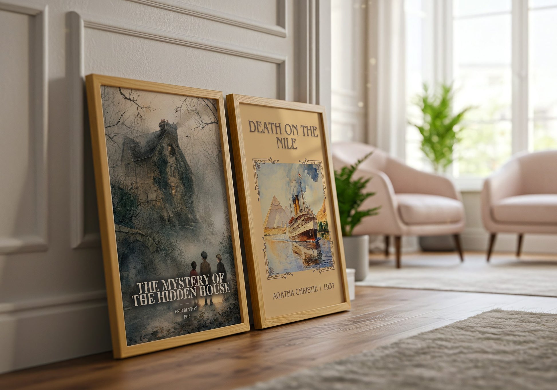 The Mystery Of The Hidden House watercolour print framed by window – literary home decor