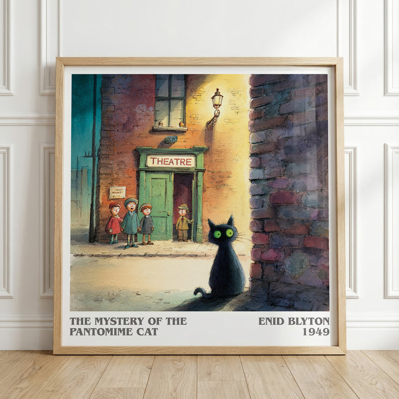The Mystery of the Pantomime Cat literary print in frame leaning in hallway – mystery wall art