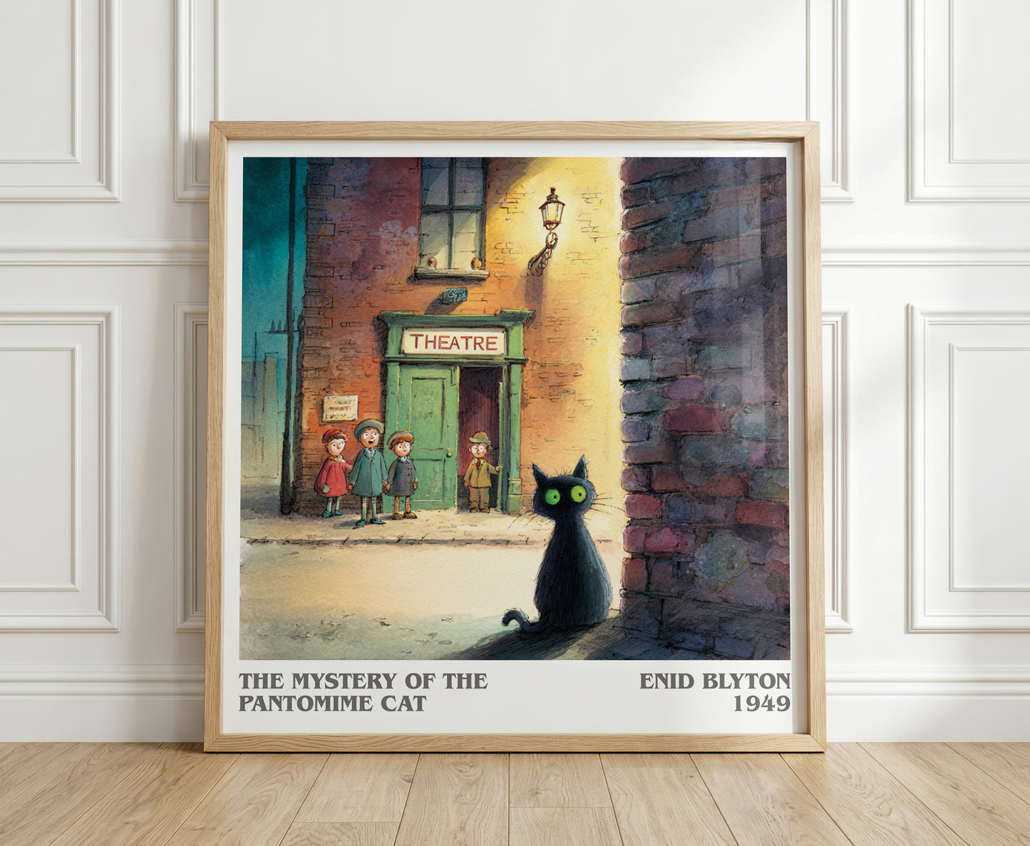The Mystery of the Pantomime Cat literary print in frame leaning in hallway – mystery wall art