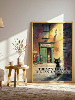 The Mystery Of The Pantomime Cat watercolour print in frame leaning in hallway – childrens wall art