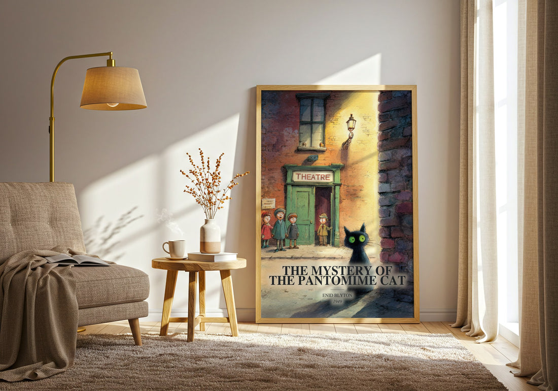 The Mystery Of The Pantomime Cat watercolour print in frame leaning in hallway – childrens wall art (mockup)