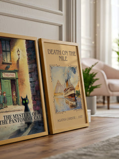 The Mystery Of The Pantomime Cat watercolour print framed by window – literary home decor