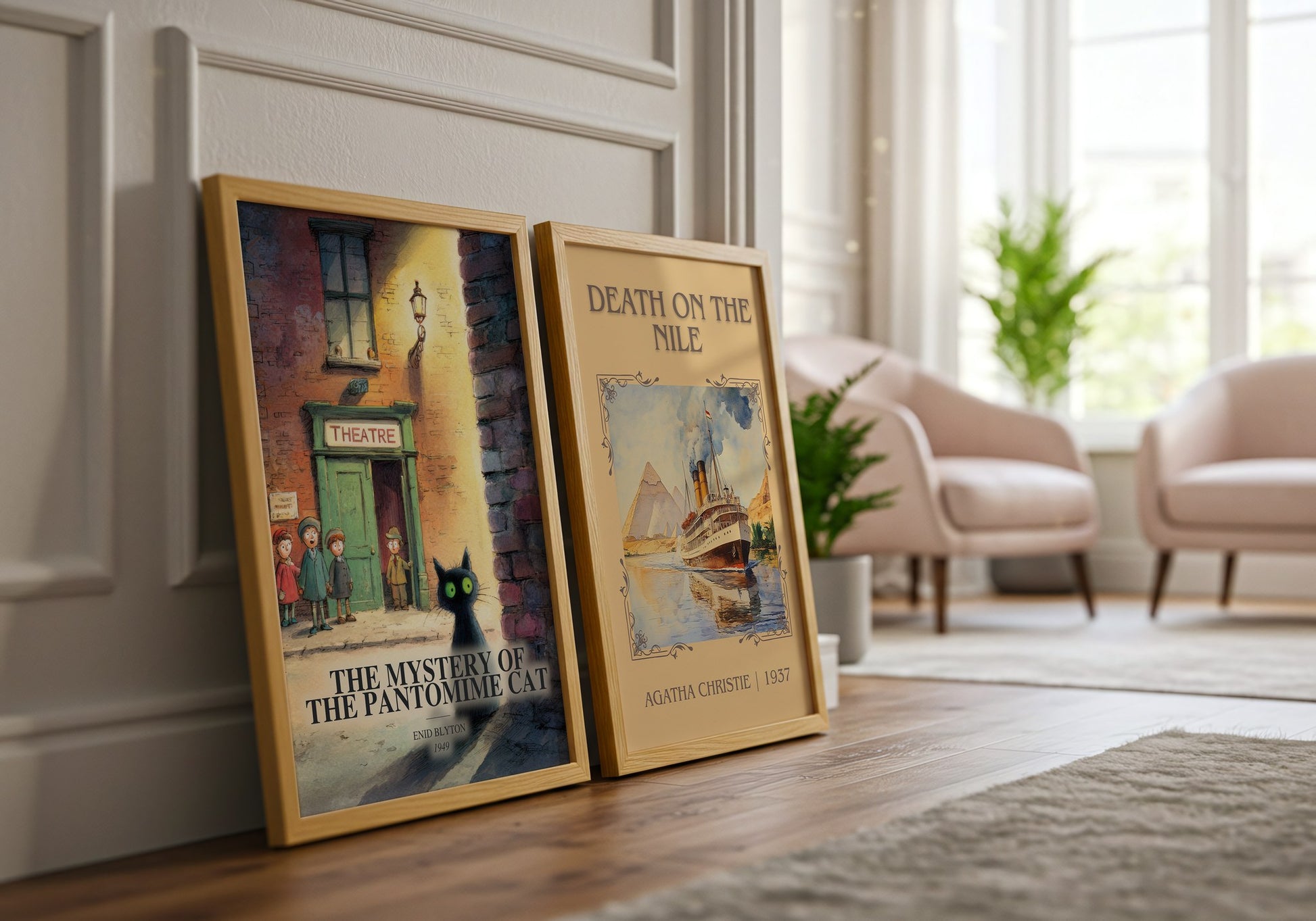 The Mystery Of The Pantomime Cat watercolour print framed by window – literary home decor