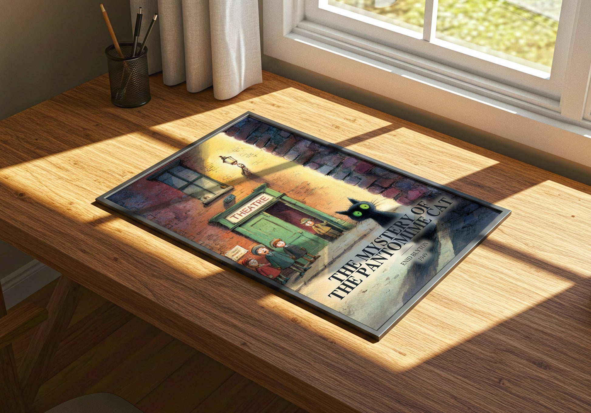 The Mystery Of The Pantomime Cat watercolour book poster framed on wall – childrens wall art