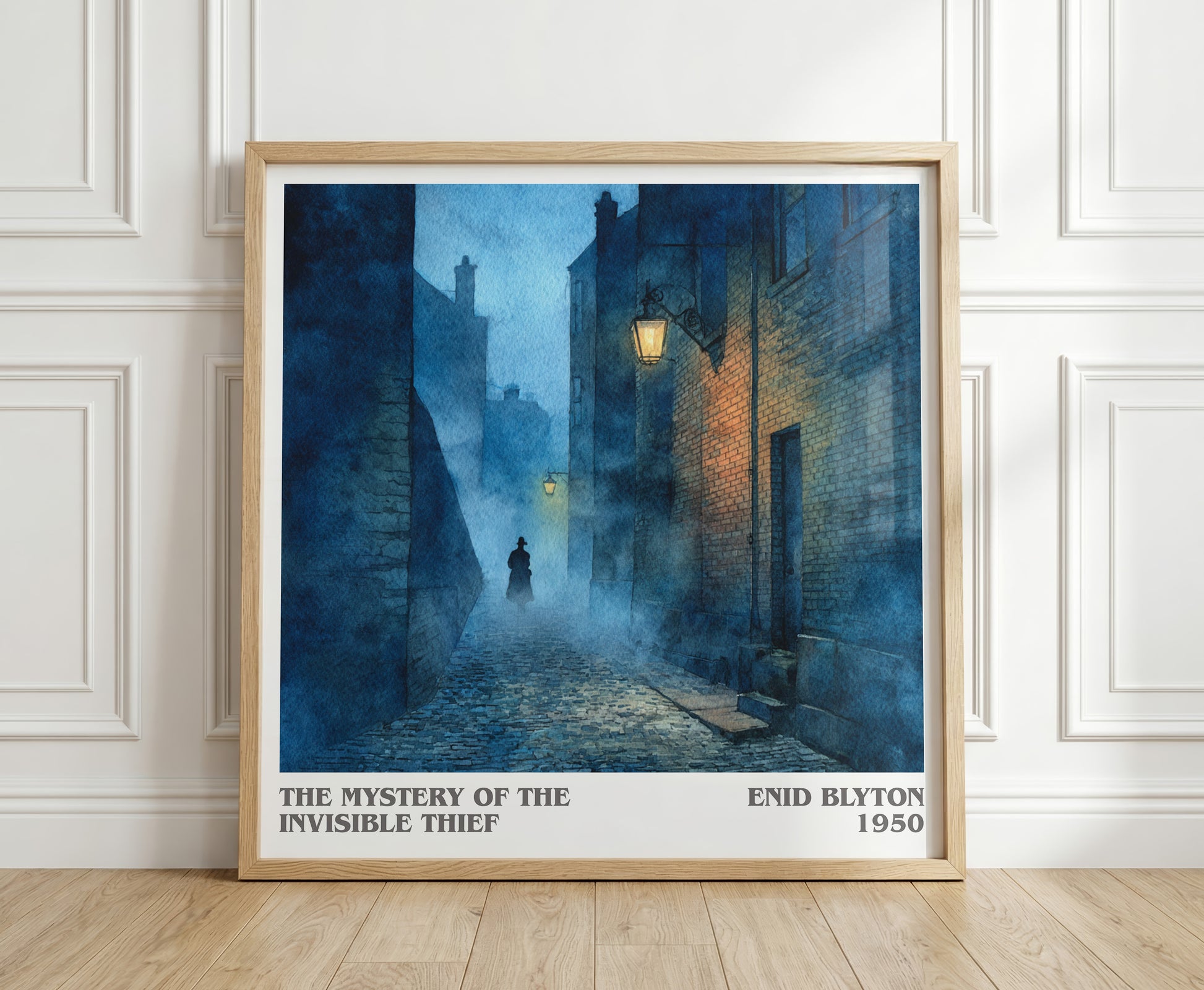 The Mystery of the Invisible Thief literary print in frame leaning in hallway – mystery wall art