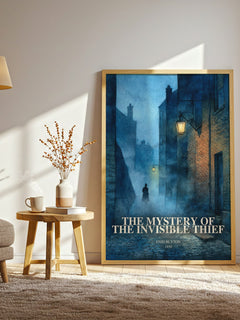 The Mystery Of The Invisible Thief watercolour print in frame leaning in hallway – childrens wall art