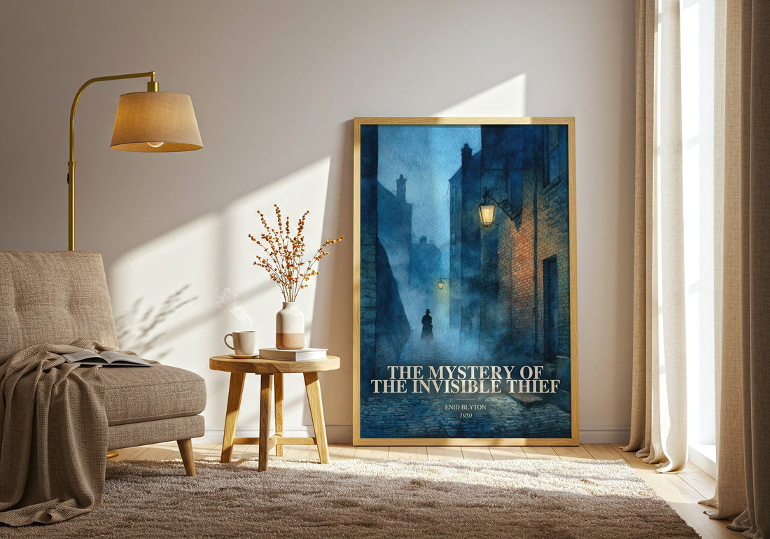The Mystery Of The Invisible Thief watercolour print in frame leaning in hallway – childrens wall art (mockup)