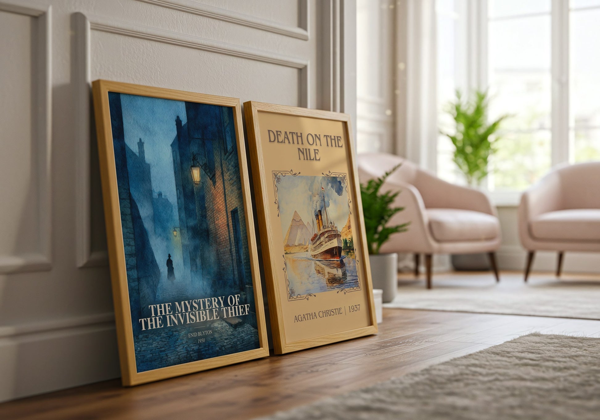 The Mystery Of The Invisible Thief watercolour print framed by window – literary home decor