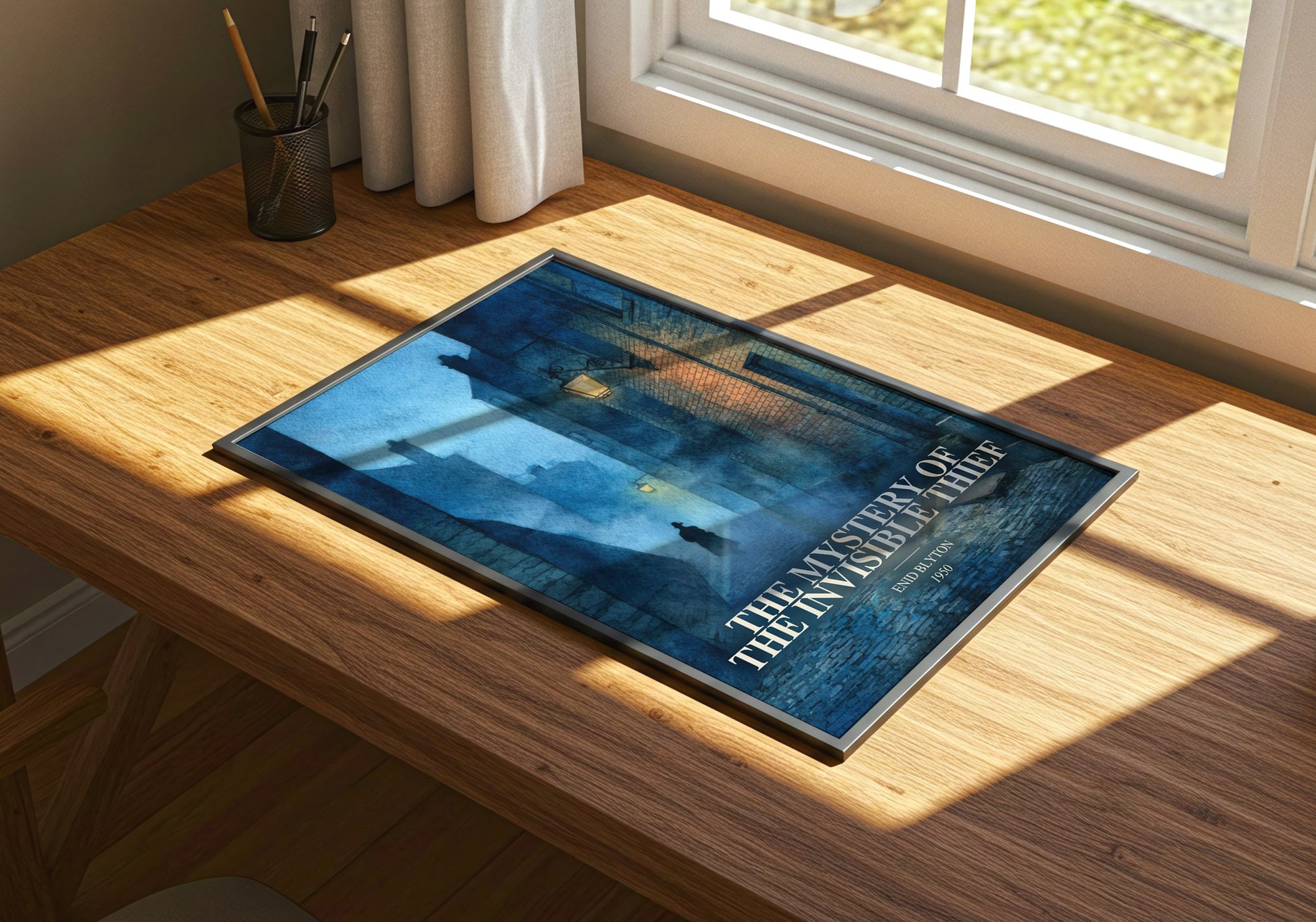 The Mystery Of The Invisible Thief watercolour book poster framed on wall – childrens wall art